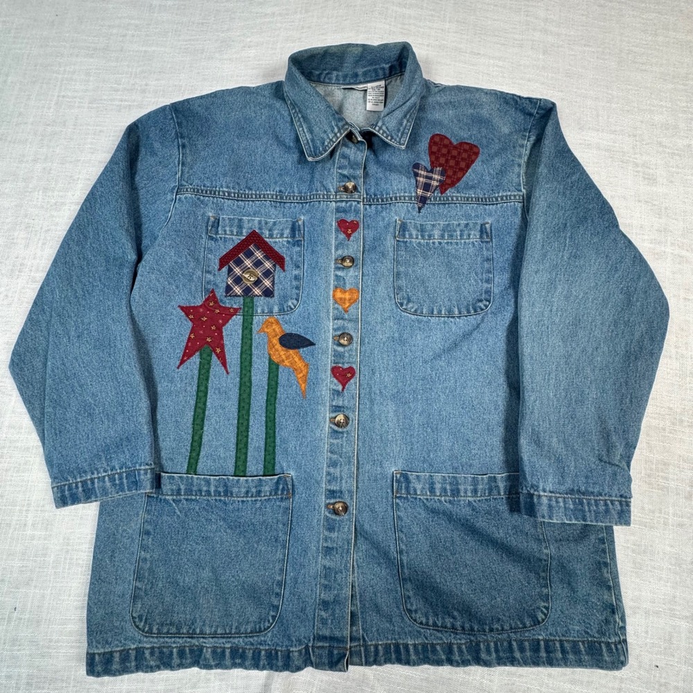 VTG Women XL Denim Coat Jacket Applique Birdhouse Patchwork Cottage Barn Chore - Picture 3 of 16